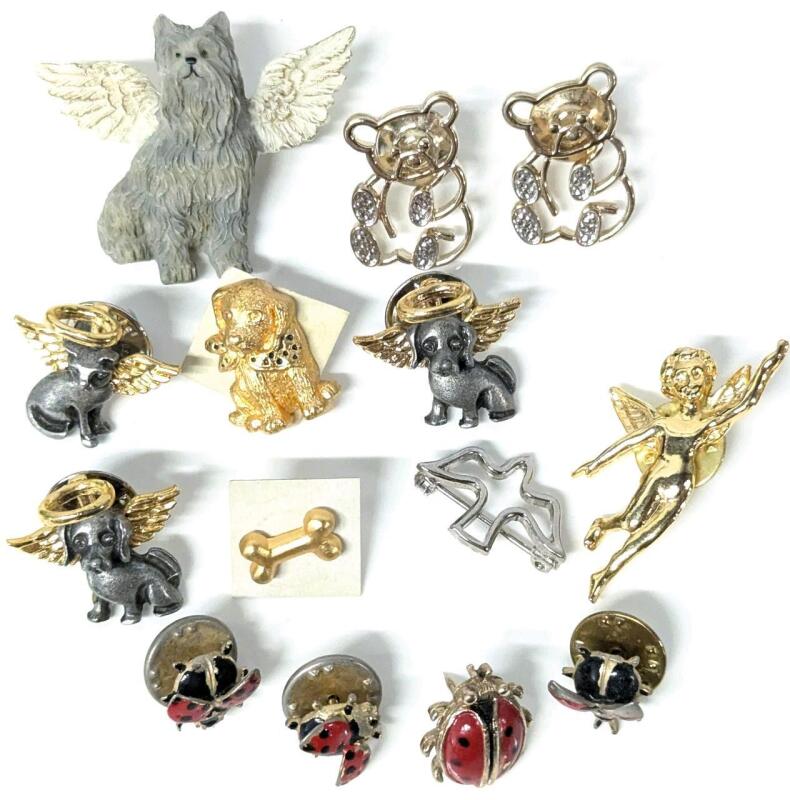 14 Vintage to Modern Pins : Angel Pups & Cat, Bone, Pup with Bandana, Teddy Bears, Angel, Ladybugs, Bird Outline, Up to 1.25" Long