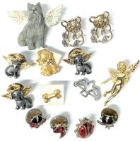 14 Vintage to Modern Pins : Angel Pups & Cat, Bone, Pup with Bandana, Teddy Bears, Angel, Ladybugs, Bird Outline, Up to 1.25" Long