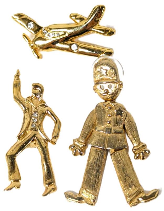 3 Vintage Brooches / Pins : Airplane, Disco Stu, Articulated British Bobby Policeman - Up to 2" Long, Pin on Bobby Feels Loose