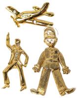 3 Vintage Brooches / Pins : Airplane, Disco Stu, Articulated British Bobby Policeman - Up to 2" Long, Pin on Bobby Feels Loose