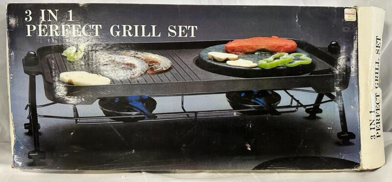 New 3 in 1 Perfect Grill Set, Includes Grill, Includes 2-Burner Grill, Stand, and 2 Panic Pots