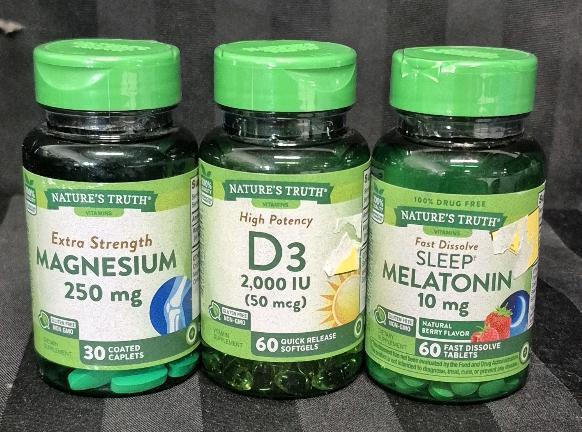 3 New Nature's Truth Health Supplements- Vitamin D3 (50mcg), Magnesium (250mg), Melatonin (10mg) Exp Dates : 08/2026 to 11/2026