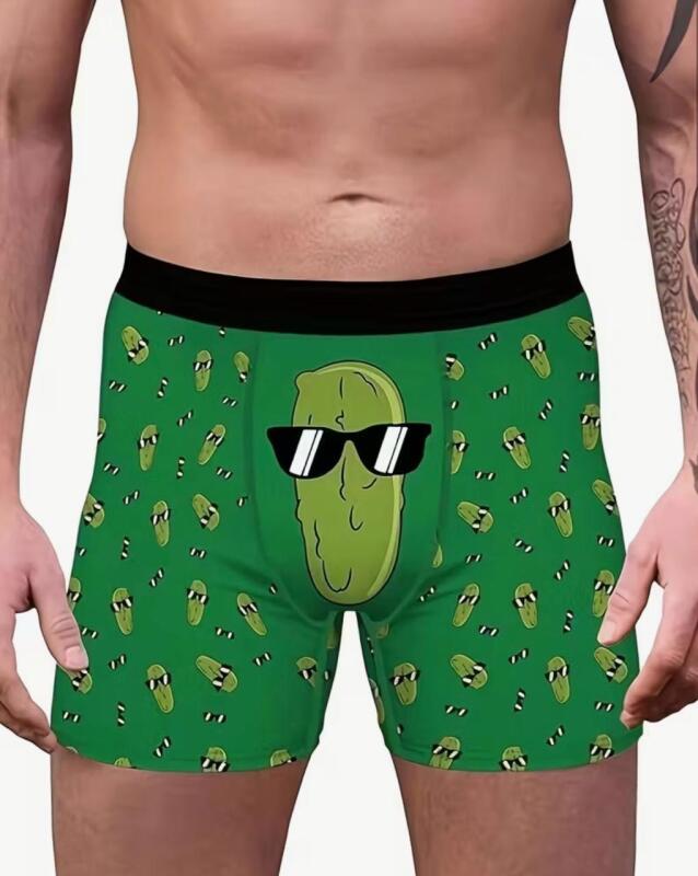 New Size Large Men's Green Cucumber / Pickle Print Boxer Briefs - Breathable Knit Fabric with Elastic Waistband Comfortable Underwear 90% Polyester 10% Elastane Machine Wash Stock photo added