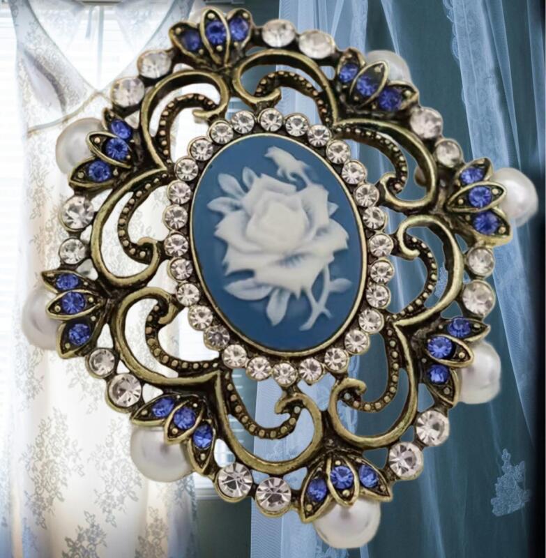 Vintage Elegant Alloy Mosaic Brooch Scrolled Carved Flower, 14K Antiqued Plated Imitation Pearl and Rhinestones Approximately 2.5 x 2.45&rsquo;&rsquo; Stock added with Model see description for pin back