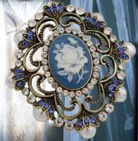 Vintage Elegant Alloy Mosaic Brooch Scrolled Carved Flower, 14K Antiqued Plated Imitation Pearl and Rhinestones Approximately 2.5 x 2.45&rsquo;&rsquo; Stock added with Model see description for pin back