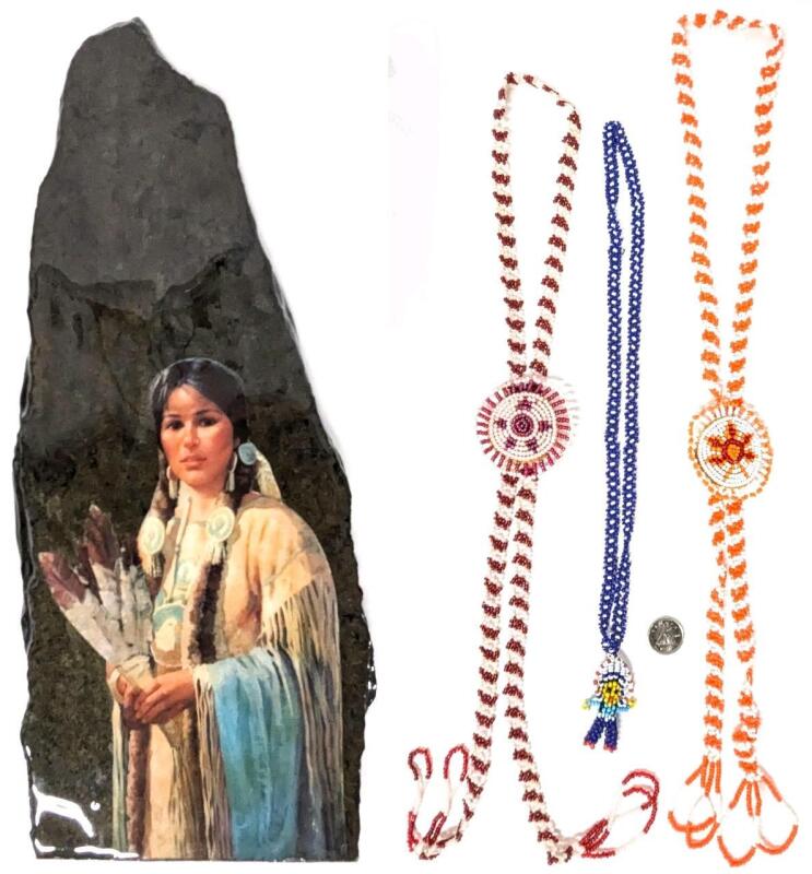 Vintage Indian Originals on Slate 10.75" Decoupaged Art Stone, 2&times; Southwest Beaded Bolo Necklaces 35" Long Each + Beaded Worry Doll / Indian Chieftain Loop Necklace 20"