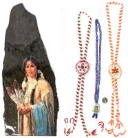 Vintage Indian Originals on Slate 10.75" Decoupaged Art Stone, 2&times; Southwest Beaded Bolo Necklaces 35" Long Each + Beaded Worry Doll / Indian Chieftain Loop Necklace 20"