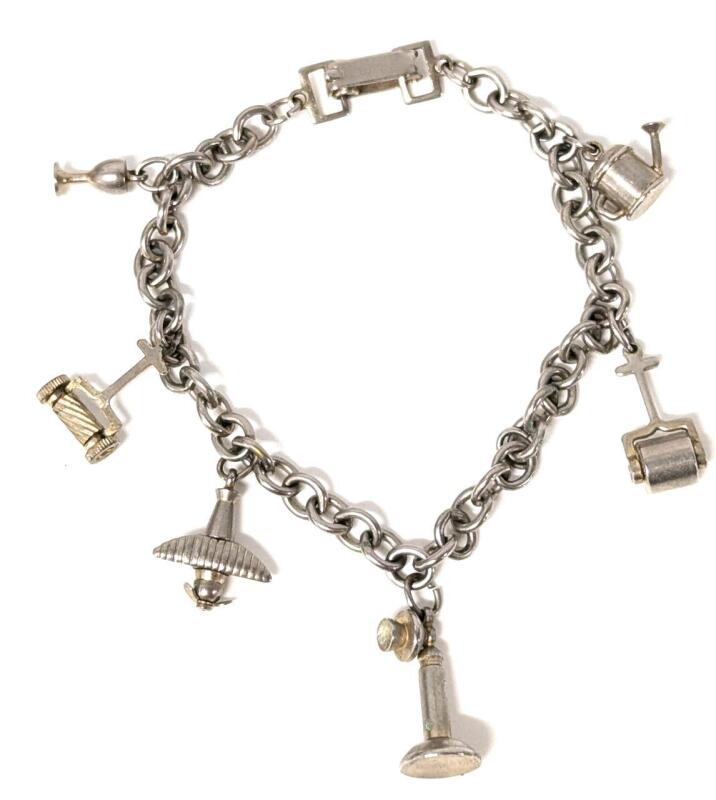 Vintage Signed Charm Bracelet with 5 Charms : Airplane with Spinning Propeller, Lawn Roller, Lawn Mower, Watering Can, Wine Glass, Telephone, Non-Magnetic, 7" Long