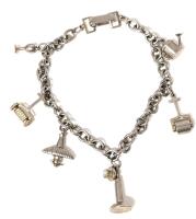 Vintage Signed Charm Bracelet with 5 Charms : Airplane with Spinning Propeller, Lawn Roller, Lawn Mower, Watering Can, Wine Glass, Telephone, Non-Magnetic, 7" Long