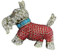 Vintage Inspired Rhinestone Dog Brooch Teal Baguette Colour Rich Red Rhinestone Body Clear Head and Legs Pretty Topaz Rhinestone Eye Approximately 2.4 x 1.85&rsquo;&rsquo;