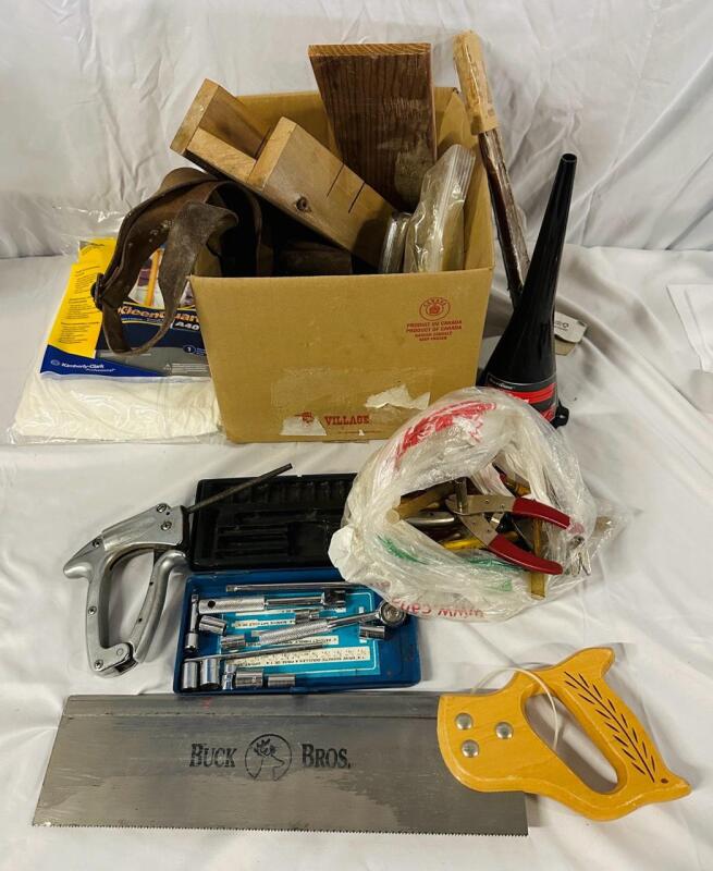 30+ Assorted Tools and Hardware Accessories, Includes Handsaw, Socket Set, Various Small Tools, and More