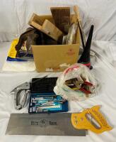 30+ Assorted Tools and Hardware Accessories, Includes Handsaw, Socket Set, Various Small Tools, and More