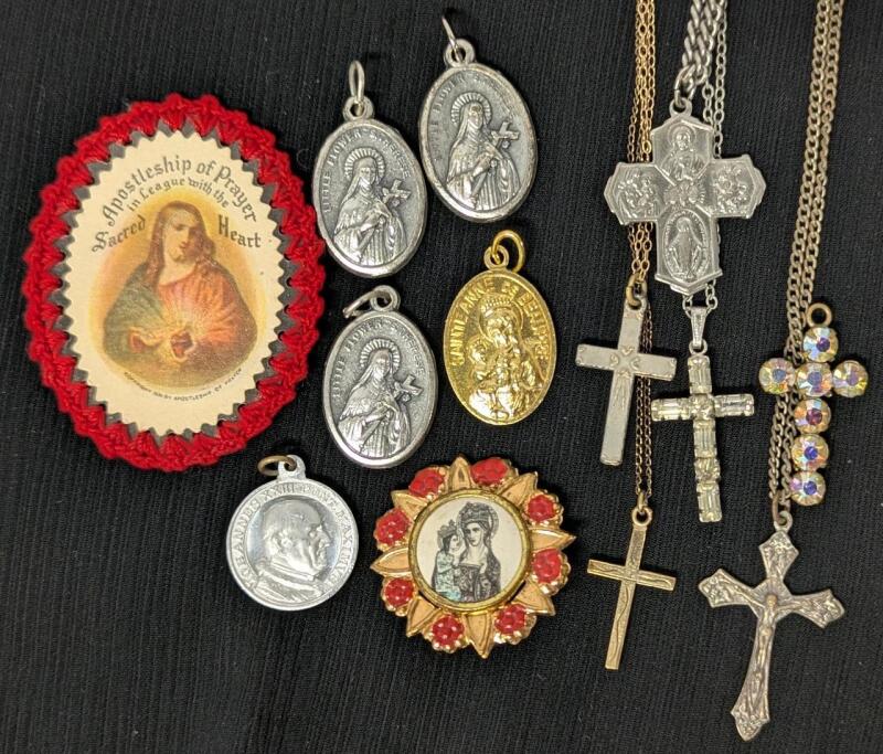 Vintage 1936 Apostleship of Prayer League Sacred Heart Jesus Plastic Scapular M21, Catholic Pendant Medals, Mary & Jesus Brooch, 1" AB Rhinestone Cross Pendant, 5 Cross / Crucifix Necklaces on Chains up to 24" Long incl Signed Gold-Filled Forestale