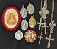 Vintage 1936 Apostleship of Prayer League Sacred Heart Jesus Plastic Scapular M21, Catholic Pendant Medals, Mary & Jesus Brooch, 1" AB Rhinestone Cross Pendant, 5 Cross / Crucifix Necklaces on Chains up to 24" Long incl Signed Gold-Filled Forestale