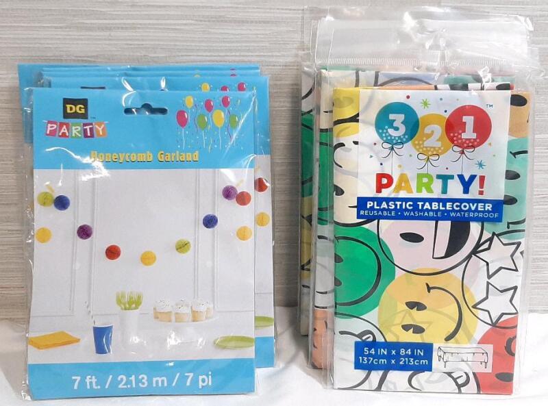 9 New Packs of Plastic Tablecovers & 5 Packs of Honeycomb Garlands