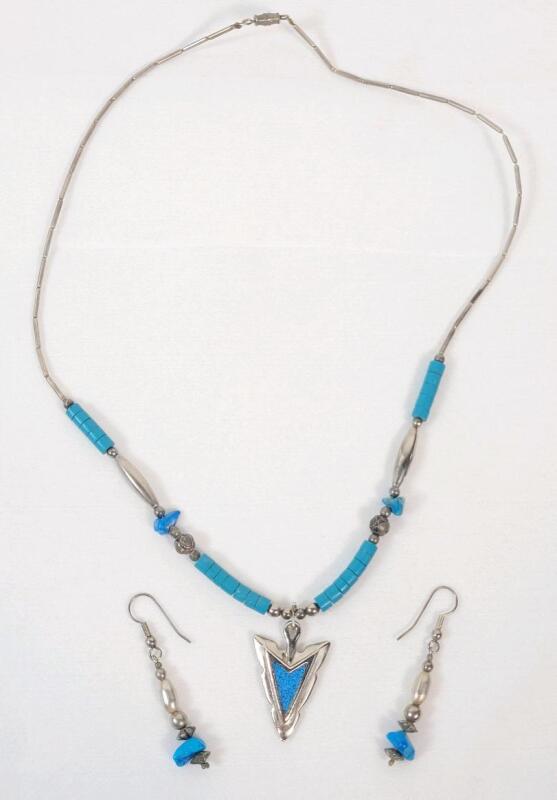 Vintage Navajo Native American Turquoise Stones Arrow Head Pendant Necklace w/Earrings . No silver mark present .
