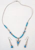 Vintage Navajo Native American Turquoise Stones Arrow Head Pendant Necklace w/Earrings . No silver mark present .