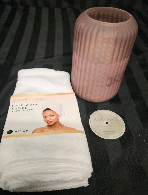 New Evry Life hair wrap microfiber towel and Baroque rosewood scented candle