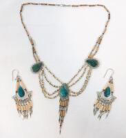 Vintage Handmade Peruvian Malachite Agate Teardrop Stone Tassel Necklace & Earring Set . Necklace measures 16" long .