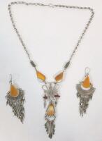Vintage Handmade Peruvian Orange Agate Stone Tassel Necklace & Earrings . Necklace measures 16" long .