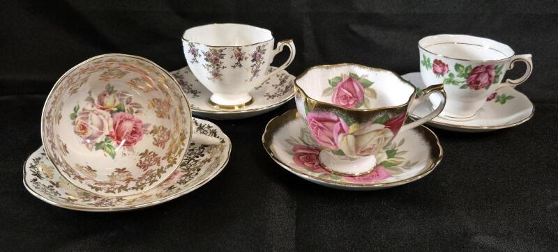 4 Vintage Teacups & Saucers Royal Albert, Queen Anne, Colclough +