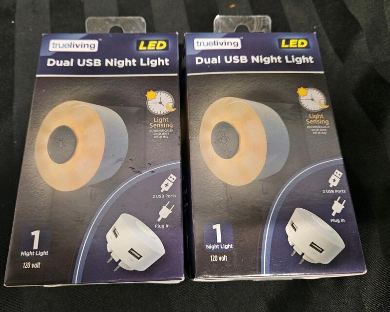 2 New nightlights in box. Dual USB LED night lights with both plug in and USB ports.