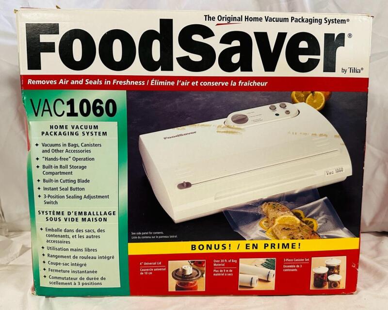 As-New Foodsaver Vacuum Sealer, VAC1060, Plus Variera Metal Shelf Organizer/Insert and Instructional VHS
