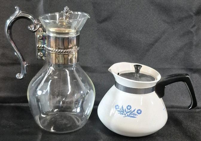 Vintagr Corning Ware 6 Cup Coffee Pot 6" Tall & Glass Carafe Pitcher with Silverplate Handle & Lid 10" Tall