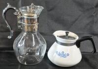 Vintagr Corning Ware 6 Cup Coffee Pot 6" Tall & Glass Carafe Pitcher with Silverplate Handle & Lid 10" Tall
