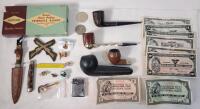Vintage Junk Drawer Lot . Includes : Smoking Pipes , Vintage Canadian Tire Bucks , Butane Lighter , Lapel Pins , Pocket Knives Travel Cribbage Board , Coins .