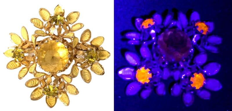 Stunning Vintage Austrian Crystal Floral Glowing Jonquil Stones Enamel Details, 1.5" Across