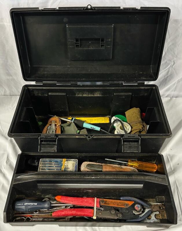 25+ Assorted Tools and Hardware with Toolbox; Includes Hand Crimper, Soldering Iron, and More