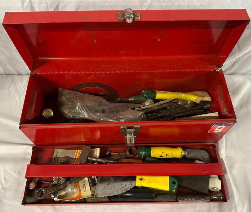 30+ Assorted Tools and Hardware in Toolbox; Includes Various-Sized Sockets, Wrenches, Hammer, and More