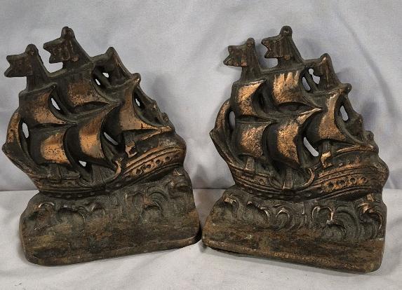 Vintage Metal Sail Ships Bookends 5.5" Tall