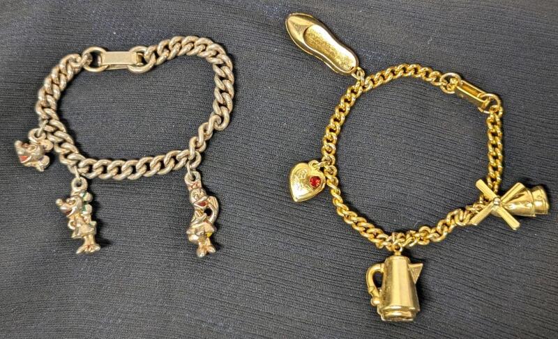Pair of Vintage Girl's Charm Bracelets : 6" Disney with Daisy Duck, Minnie Mouse & Mickey Head Charms & 6.25" with Windmill, Coffee Pot, Heart Locket & Ballet Flats