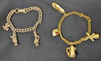 Pair of Vintage Girl's Charm Bracelets : 6" Disney with Daisy Duck, Minnie Mouse & Mickey Head Charms & 6.25" with Windmill, Coffee Pot, Heart Locket & Ballet Flats