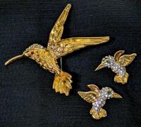 Vintage Hummingbird Brooch with Pair of Hummingbird Earrings for Pierced Ears, All with Rhinestone Detailing & Enamel Eyes, 0.6" - 2" Long