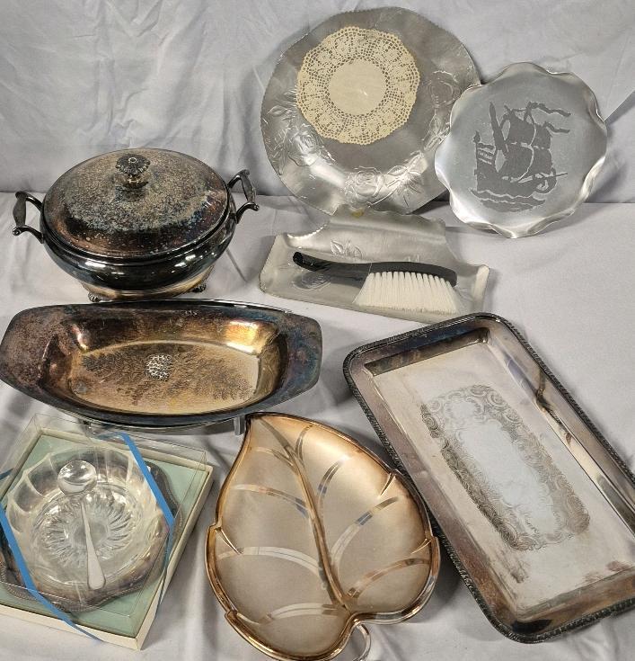 Large Vintage Silverplate & Aluminum Lot - New Aluminum Crumb Tray with Brush & Platter