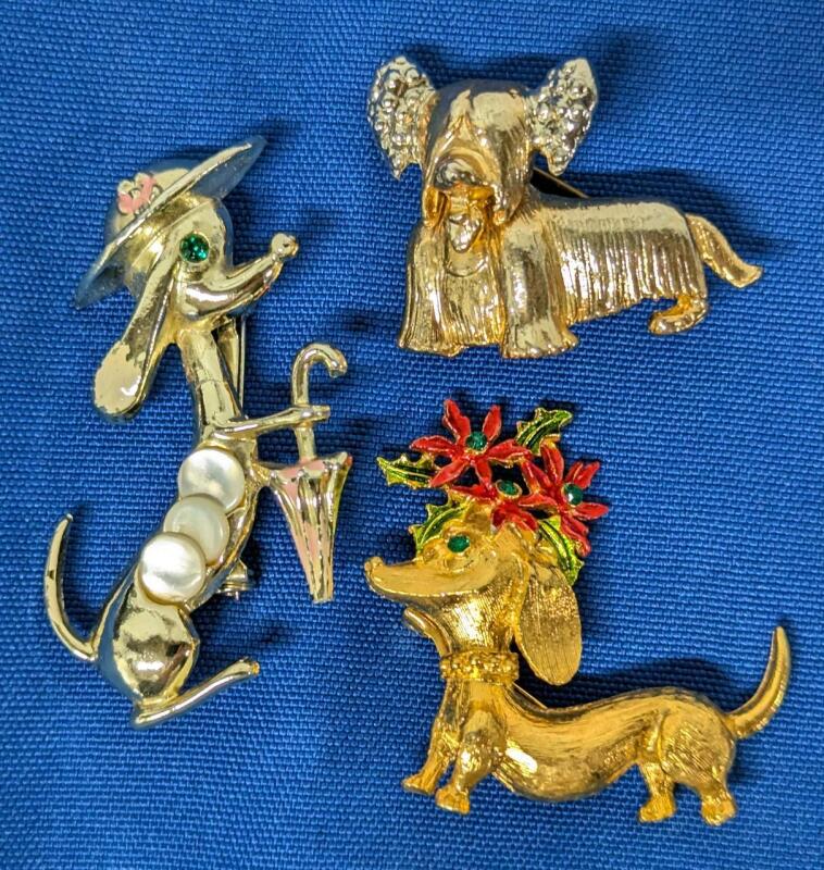 3 Vintage Fancy Pooch Brooches : 1.15" - 2.25" Long