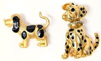 Pair of Vintage Dog / Puppy Brooches with Enamel & Rhinestone Collar / Separate Collar, 1.25" - 2.15" Tall