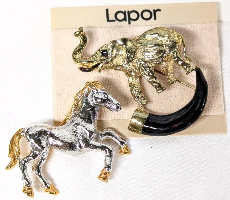Vintage Lapor Lucky Elephant & Black Enamel Half-Moon Tusk Brooch + Two-Tone Stallion Horse Brooch, 1.5" - 2.25" High