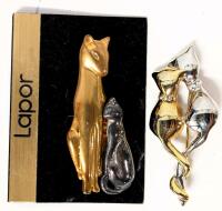 Pair of Vintage Cat Brooches : Lapor & Cats With Bejeweled Collars & Intertwined Tails, 2.15" -2.25" Long