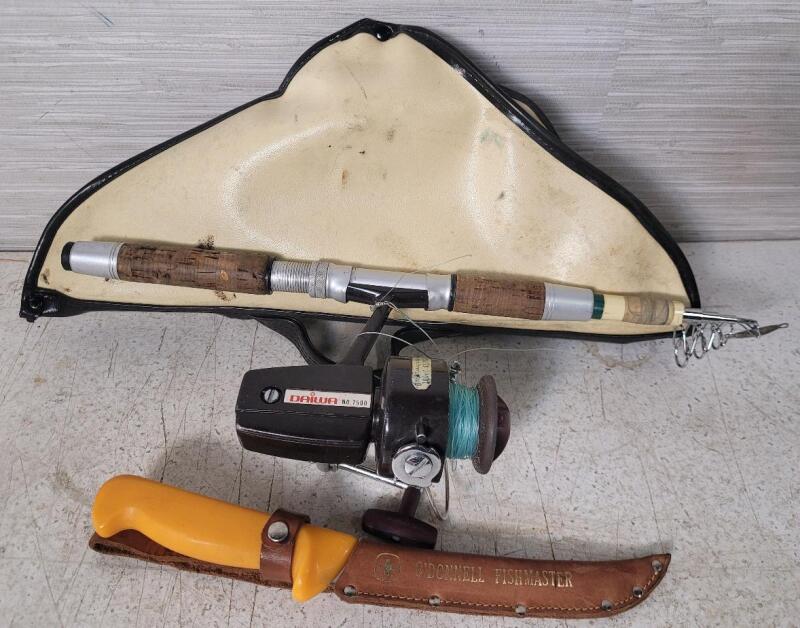 Vintage Daiwa 7500 Fishing Reel w/Telescopic Rod & Wenger Fishing Knife with Fishing Rod Bag