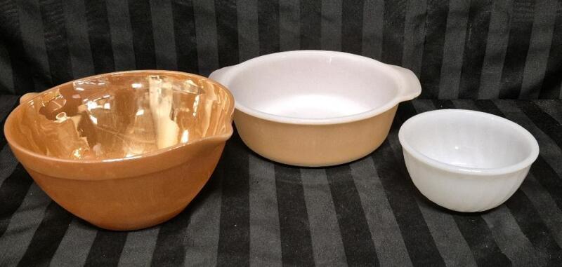 Vintage Fire King Peach Luster Ware - Batter Bowl, Casserole Dish & Bowl
