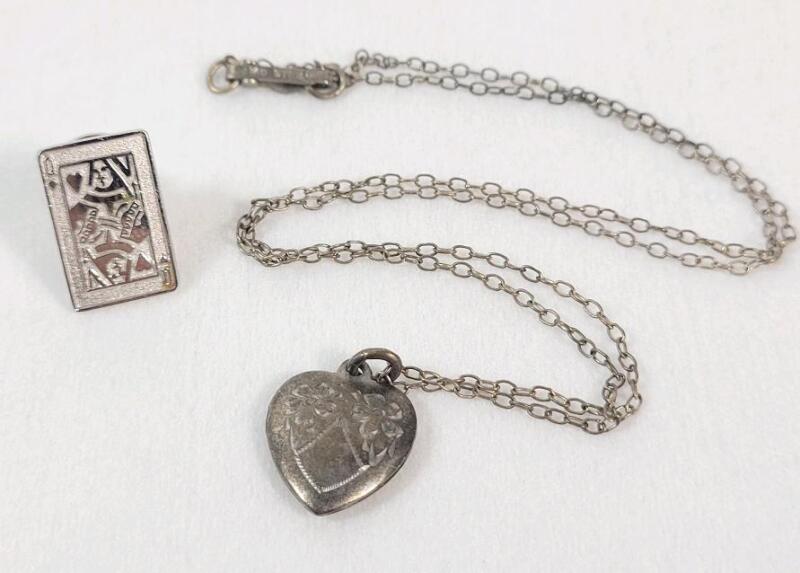 Sterling Silver Lot : RGC Sterling Silver Queen of Hearts Pin & Vintage Sterling Silver Heart Pendant and Chain . See photos for size