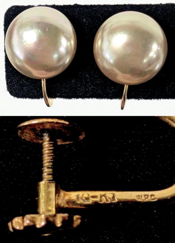 Vintage 10K Gold Stamped W.R.C. Pearl Earrings, Screw-Back Earrings