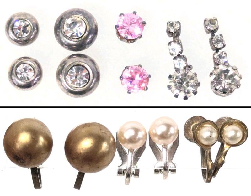 7 Vintage Pairs of Earrings : 4&times; Pierced Incl. Pink Rhinestones Stamped Sterling & 3&times; Screwback / Clip-Ons