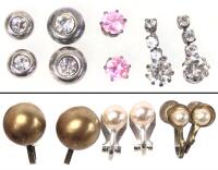 7 Vintage Pairs of Earrings : 4&times; Pierced Incl. Pink Rhinestones Stamped Sterling & 3&times; Screwback / Clip-Ons
