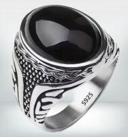 Marked 925S Black Onyx Mosaic Oval Stone Ring Size 10 Intricate Side Shank Details