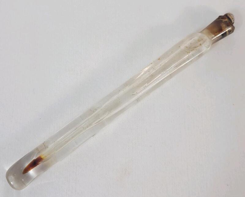 Antique Glass Lachrymatory Tear Catcher Perfume Vial w/Slight Gold Embellishments . Glass Stopper Wax Sealed Closed (empty) . Measures 7 &frac34;" Long